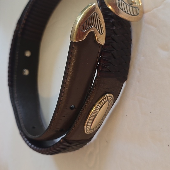 Womens Vintage Silver Buckle Tip Emblem Brown Woven Leather Belt Sz.34 main image 4
